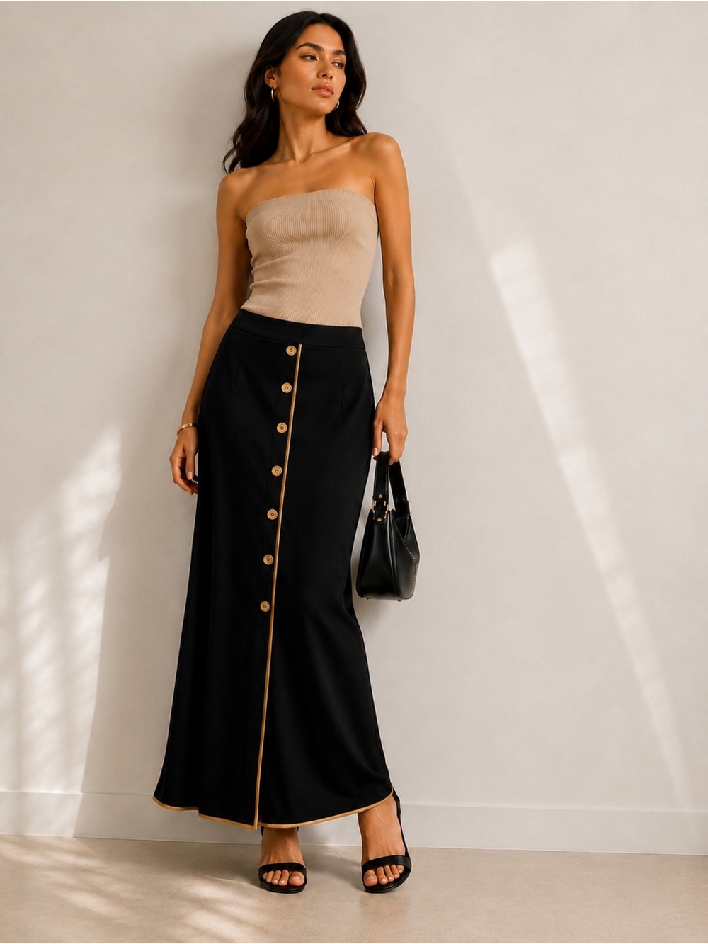 SHEIN Black Maxi Skirt with Contrast Trim & Button Detail – Size Medium (US 6)
